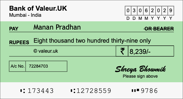 How to write a cheque for 8,239 rupees