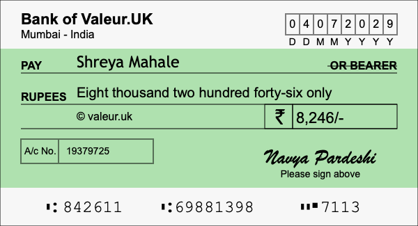 How to write a cheque for 8,246 rupees