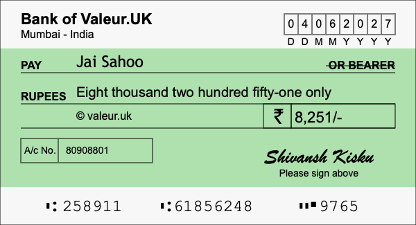 How to write a cheque for 8,251 rupees