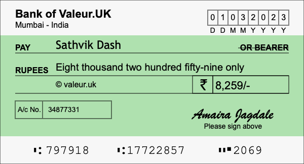 How to write a cheque for 8,259 rupees