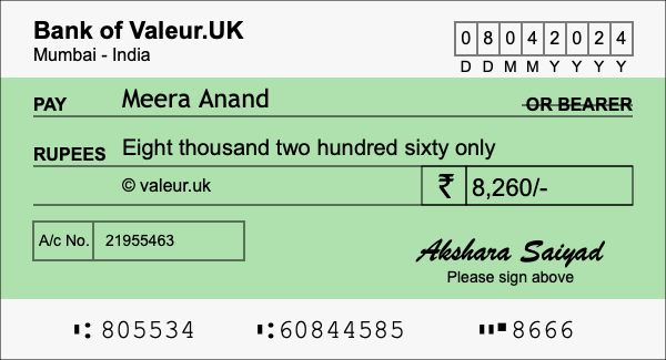 How to write a cheque for 8,260 rupees