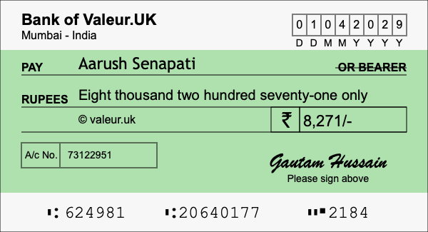 How to write a cheque for 8,271 rupees