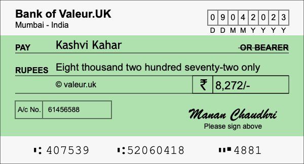How to write a cheque for 8,272 rupees