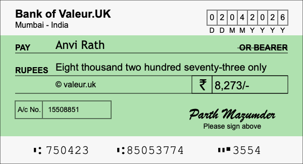 How to write a cheque for 8,273 rupees