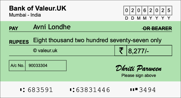 How to write a cheque for 8,277 rupees