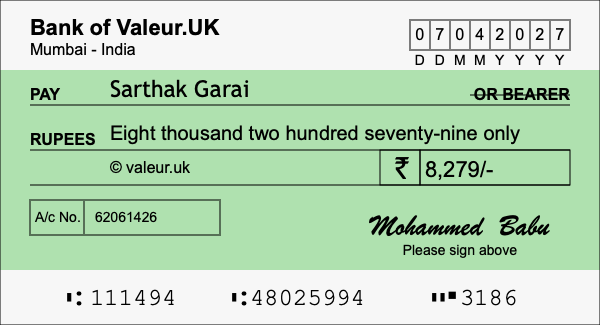 How to write a cheque for 8,279 rupees
