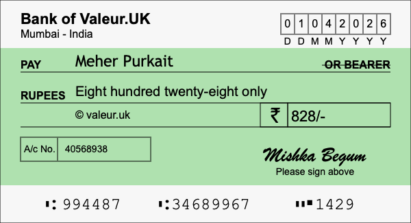 How to write a cheque for 828 rupees