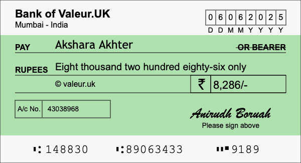 How to write a cheque for 8,286 rupees