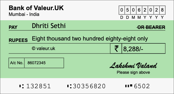 How to write a cheque for 8,288 rupees