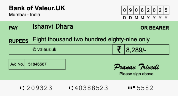 How to write a cheque for 8,289 rupees