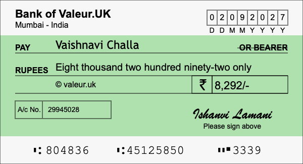 How to write a cheque for 8,292 rupees