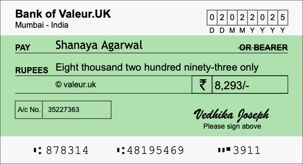 How to write a cheque for 8,293 rupees