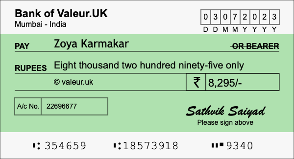 How to write a cheque for 8,295 rupees