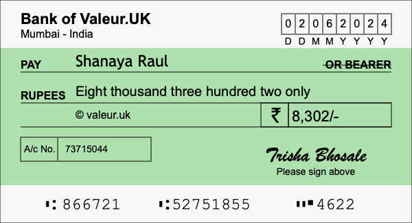 How to write a cheque for 8,302 rupees