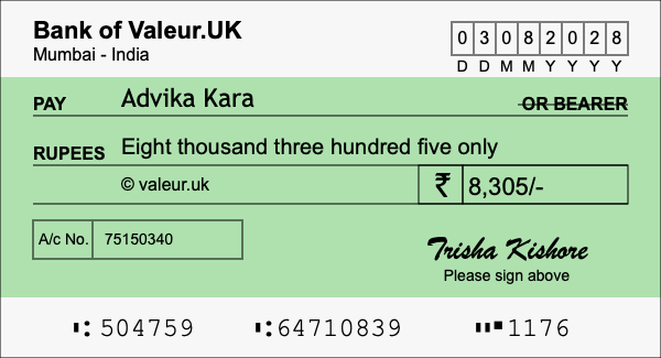 How to write a cheque for 8,305 rupees