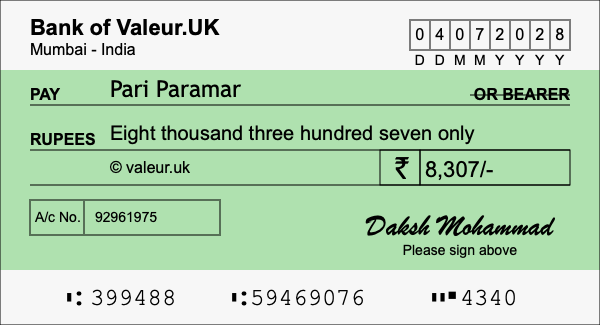 How to write a cheque for 8,307 rupees