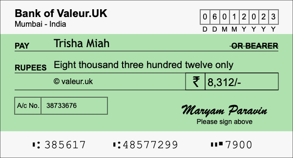 How to write a cheque for 8,312 rupees