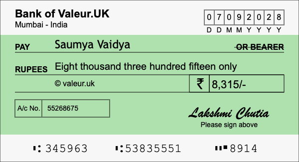 How to write a cheque for 8,315 rupees