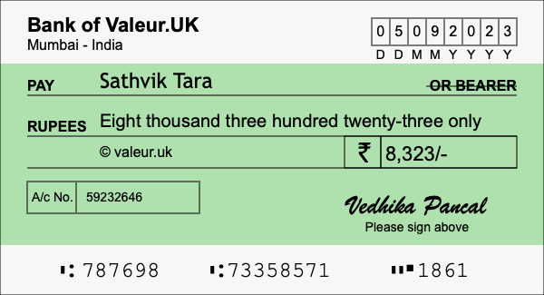 How to write a cheque for 8,323 rupees