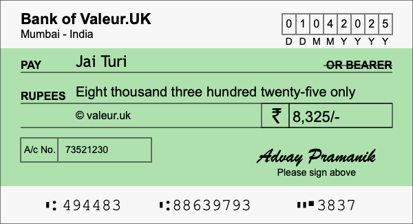 How to write a cheque for 8,325 rupees