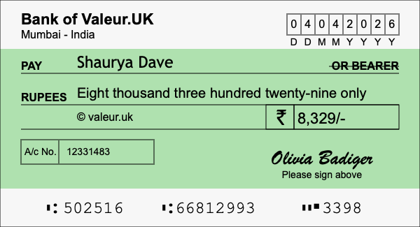 How to write a cheque for 8,329 rupees