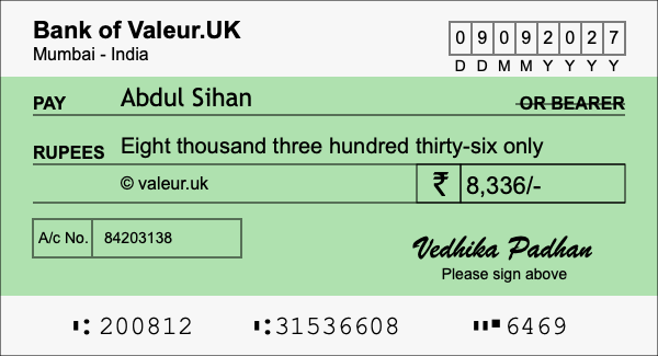 How to write a cheque for 8,336 rupees