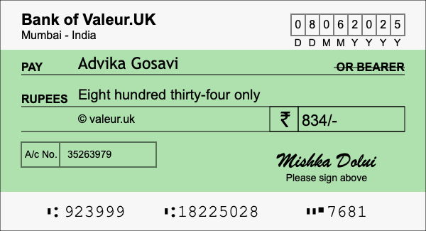 How to write a cheque for 834 rupees