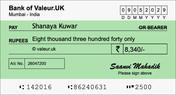 How to write a cheque for 8,340 rupees