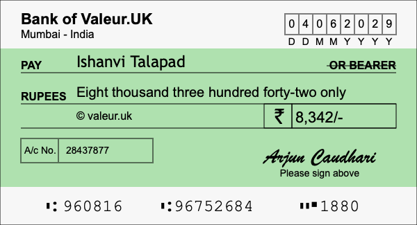 How to write a cheque for 8,342 rupees