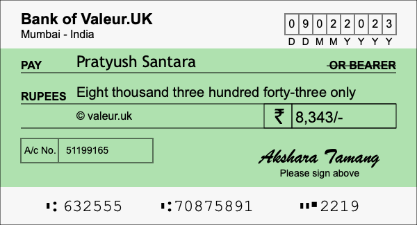 How to write a cheque for 8,343 rupees