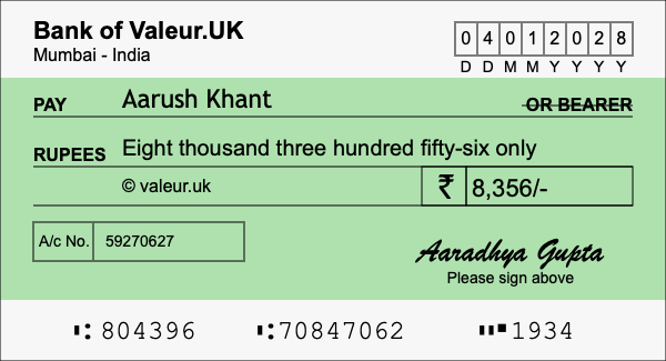 How to write a cheque for 8,356 rupees