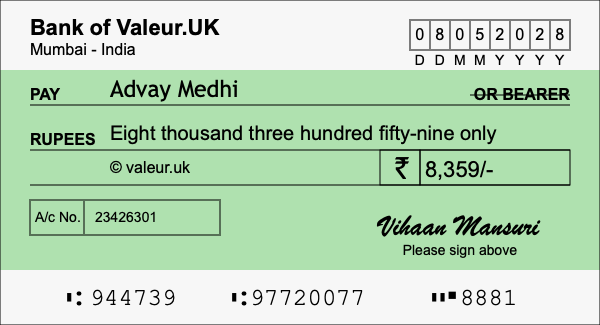 How to write a cheque for 8,359 rupees