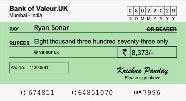 How to write a cheque for 8,373 rupees