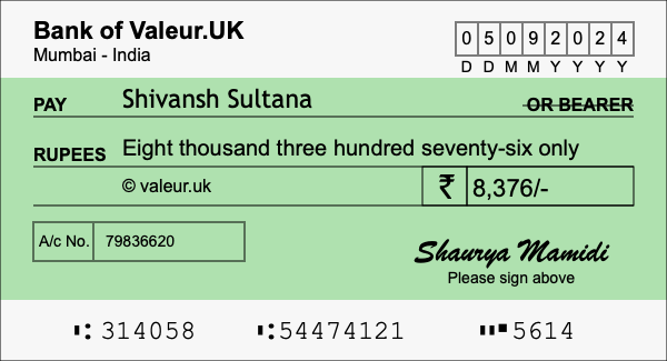 How to write a cheque for 8,376 rupees