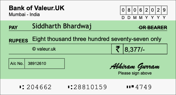 How to write a cheque for 8,377 rupees