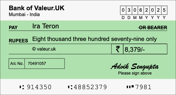 How to write a cheque for 8,379 rupees