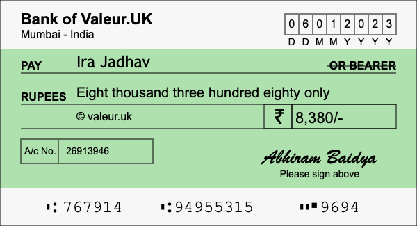 How to write a cheque for 8,380 rupees