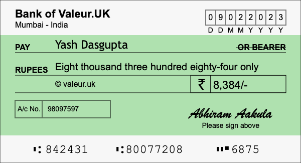 How to write a cheque for 8,384 rupees