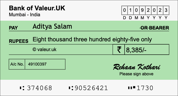 How to write a cheque for 8,385 rupees