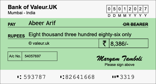 How to write a cheque for 8,386 rupees