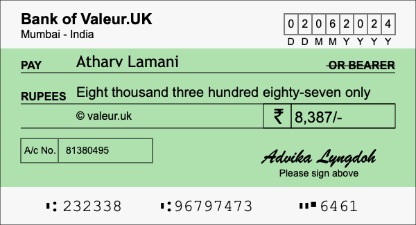 How to write a cheque for 8,387 rupees