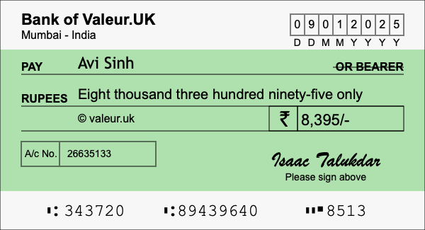 How to write a cheque for 8,395 rupees