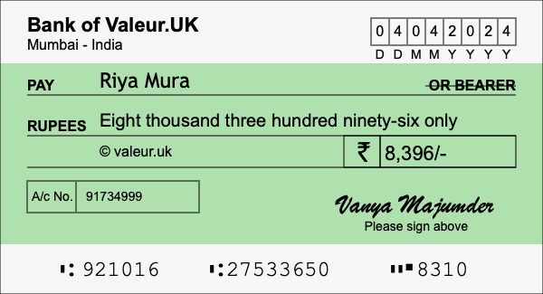 How to write a cheque for 8,396 rupees