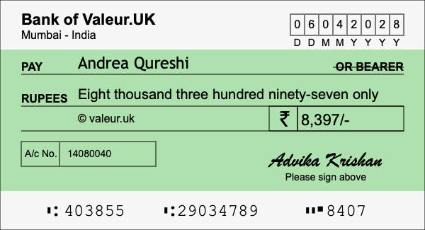 How to write a cheque for 8,397 rupees