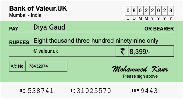 How to write a cheque for 8,399 rupees