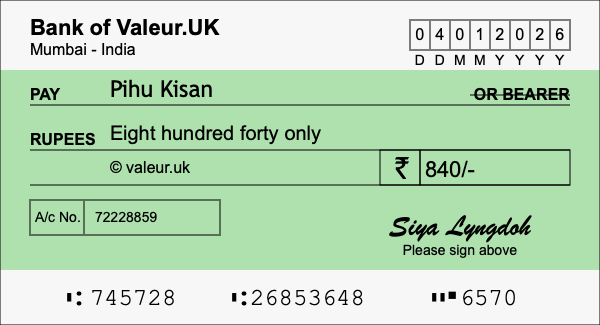 How to write a cheque for 840 rupees
