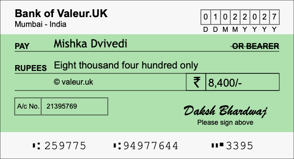 How to write a cheque for 8,400 rupees
