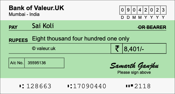 How to write a cheque for 8,401 rupees