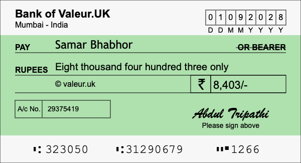 How to write a cheque for 8,403 rupees
