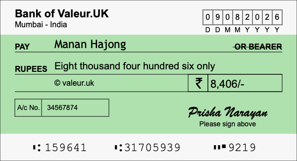 How to write a cheque for 8,406 rupees
